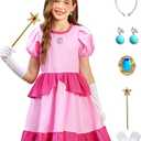 Girls Halloween Pink Princess Dress Puff Sleeves Midi Dress Princess Carnival Size S