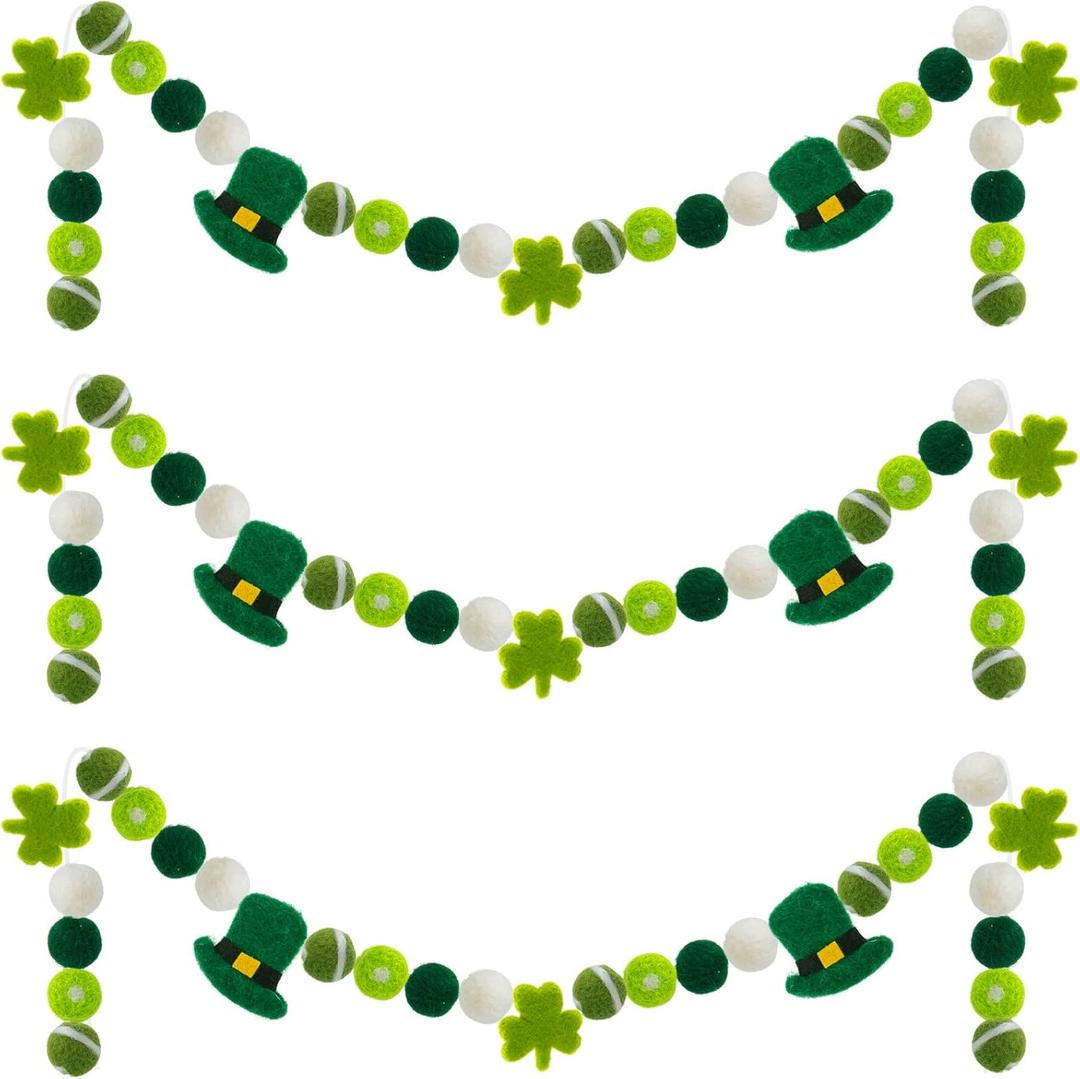 3 Pack Felt St. Patrick's Day Decorations Garland - 6.6 Feet Pom Pom Felt Ball Shamrock Leprechaun Hat Irish Themed Party Favors for Home Bedroom Living Room Decor