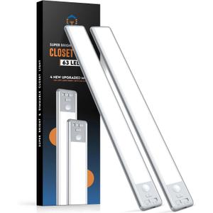 BLS 14.8inch Under Cabinet Lighting, 63 LED Closet Lights, 2500mAh USB C Rechargeable Under Cabinet Lights, Battery Operated Lights, Motion Sensor Light Indoor, Magnetic Night Light for Kitchen 2 Pack