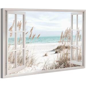 Beach Window Canvas Wall Art: Living Room Blue Ocean Scene Painting Coastal Seascape Picture Bedroom Modern Relaxing Sea Landscape Print Tropical Seaside Artwork Decor for Home Office, 24"L x 16"W