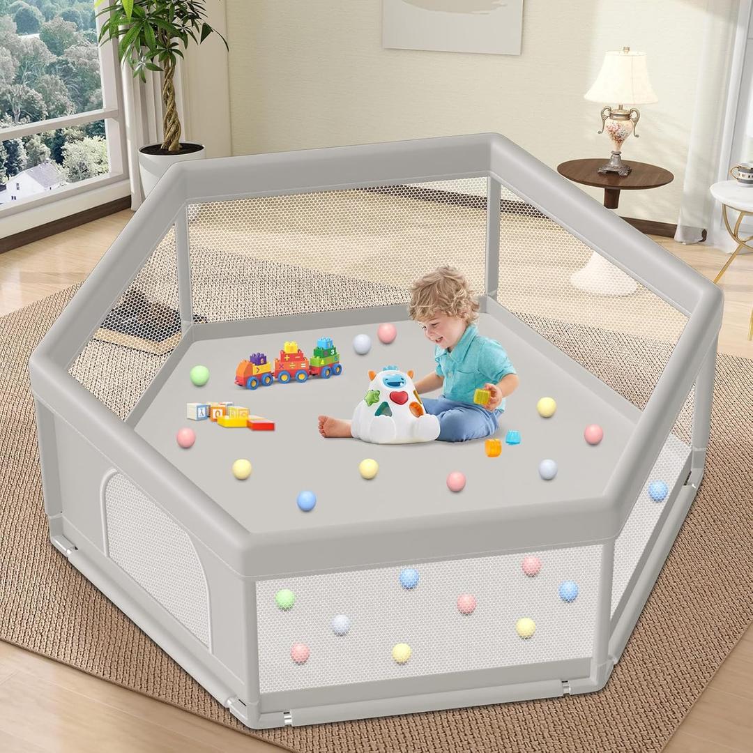 Hiaksedt Large Baby Playpen 65x65 Inch, Play Pens for Babies and Toddlers Hexagonal Type Baby Play Yards for Indoor & Outdoor with Breathable Mesh Anti-Fall (Grey)