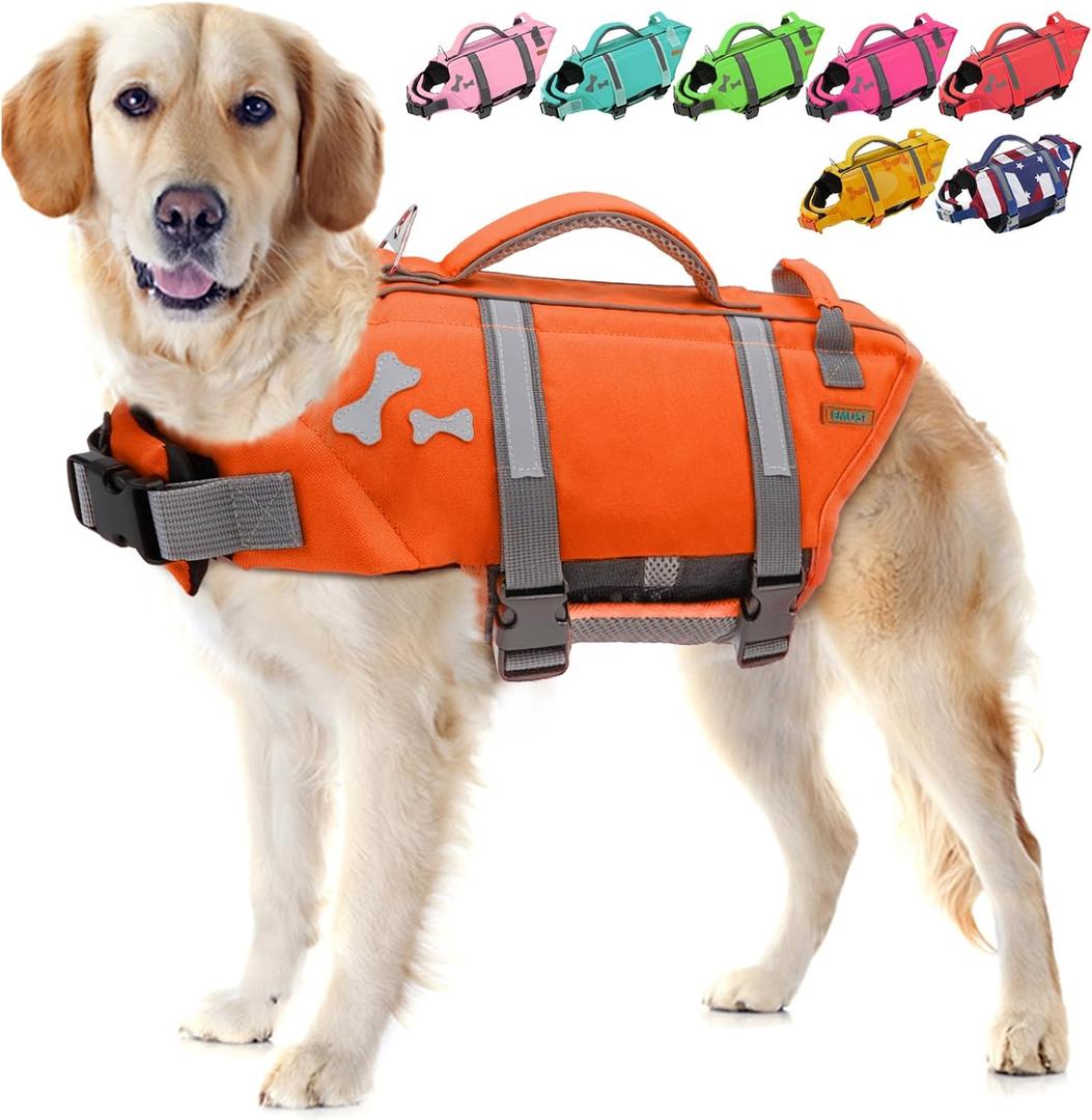 EMUST Dog Life Jacket, Dogs Life Vests for Swimming, Beach Boating with High Buoyancy, Dog Flotation Vest L, NewOrange