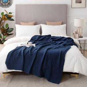 EMME Cotton Blanket Queen Size for Bed Soft Large Muslin Bed Blankets 90"x90" Lightweight Breathable All Season Gauze Blanket, Navy