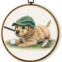 3 x QZQE Golden Retriever Golf Nursery Round Wall Art Decor Framed, Golden Retriever Gifts Circle Canvas Prints, Dog Sports Circular Wall Hanging Decor for Sport Room Kids Nursery Bedroom, 10x10 Inch (Colour 01)