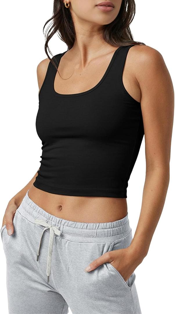 Fioboc Cropped Tank Tops for Women Sleeveless Scoop Neck Workout Crop Tops Breathable Slim Fit Yoga Gym Activewear Shirt (Black, XS)
