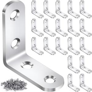 20PCS L Bracket Corner Brace Sets, Stainless Steel L Brackets for Wood Shelves, 90 Degree Right Angle Bracket with 80 Screws, Metal Corner Brackets for Furniture Cabinet Drawer Chair (1.57x1.57 in)
