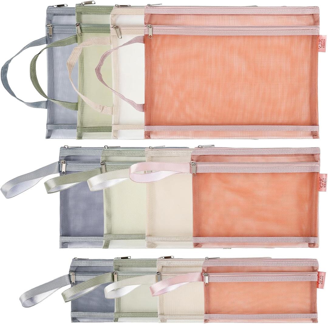 12-Pack Mesh Zipper Pouch Bags with Handles, Nylon Document Bag Double-Layer See Through, File Storage Pouches for Office School Supplies (4Pcs A4 & 4Pcs A5 & 4Pcs A6)