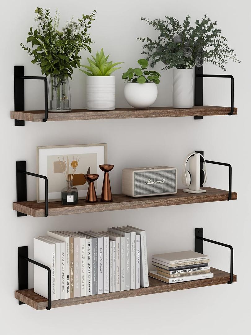Floating Shelves - 24 Inch Wall Mounted Set of 3 Rustic Wood Shelves for Wall Decor and Living Room Storage (Brown)