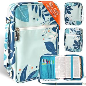Large Bible Cover Case for Women  Zipper Bible Bags for Women & Girls - Waterproof Oxford 300D, Fits Study Bibles 11"x8.25"x2.5", Cross Metal Pullers, Premium Christian Gift Box (Floral Blue)
