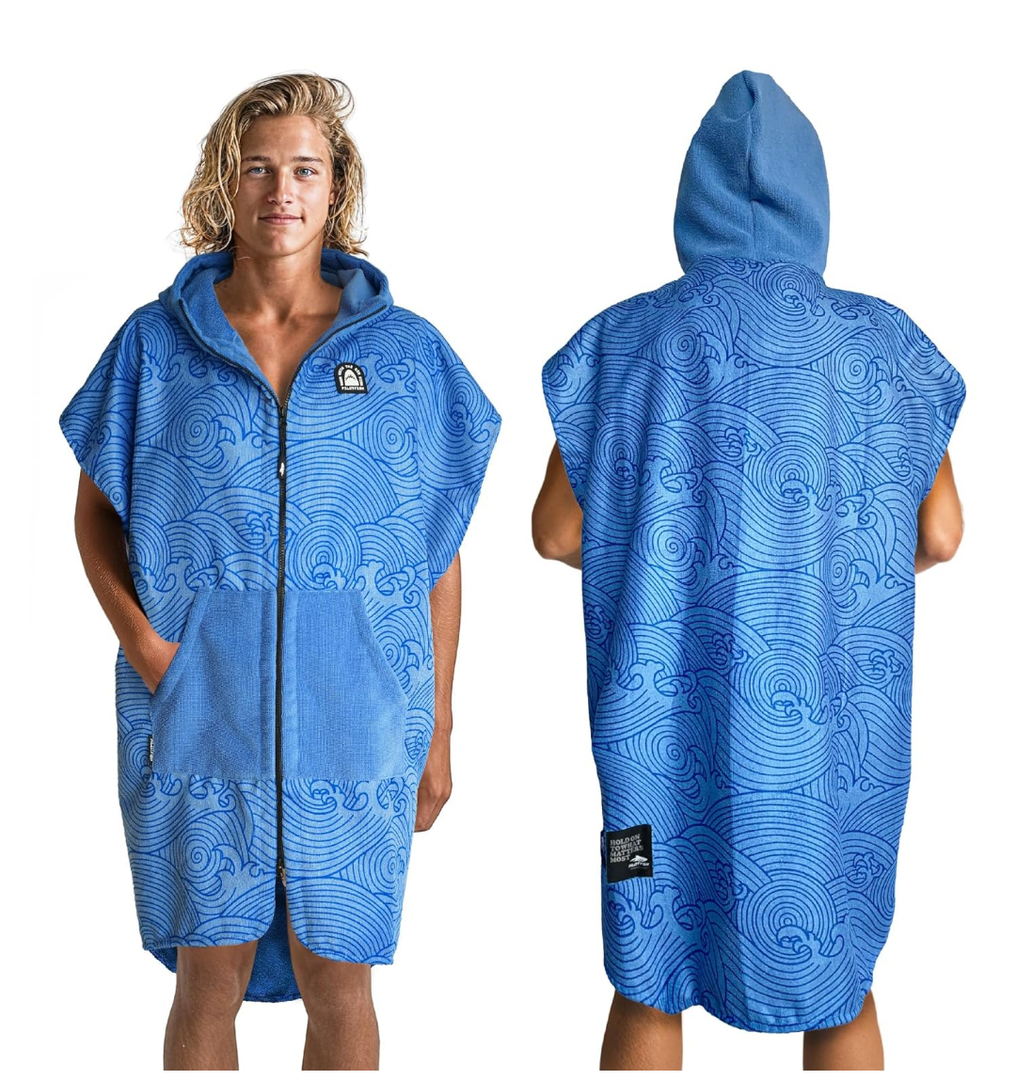 Pilotfish Surf Poncho Changing Robe Towel - Hooded, Zippered Towel Poncho for Beach, Surfing, Swimming | 2 Front Pockets, Machine Washable, (Blue Waves, M)