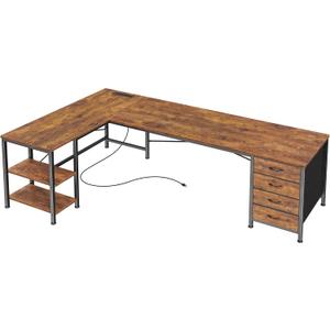 Huuger 63 Inch L Shaped Desk with Fabric Drawers, Computer Office Desk with Power Outlets and USB-C Port, Corner Desk with Storage Shelves, for Gaming Work Study Home Office, Reversible, Rustic Brown