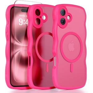 QVLANG Case for iPhone 16, Cute Wave Cover Case, Upgraded[Full Camera Protection][Compatible with Magsafe][Military Grade Protection][Translucent Matte] Phone Case for Women Girls, Hot Pink