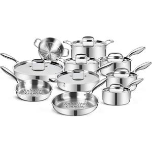 EWFEN Stainless Steel Cookware Set, 3 Ply 17 Piece Stainless Steel Pot and Pan Set, Oven Dishwasher Safe | Induction Compatible Frying Pans, Saucepans, Saute Pan & Stock Pot, PFOA, PTFE & PFOS Free