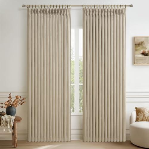 Natural Blackout Pleated 88 Inch Viral Curtains for Nursery, Memory Shape Thick Linen Sound Blocking Privacy Neutral Windows Drapes 2 Panels Set Warm Beige Thermal Kids Room Darkening Curtain Back Tab