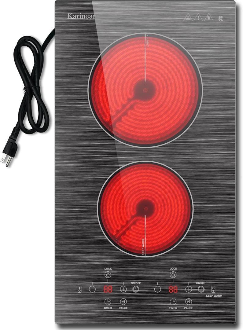 Karinear 2 Burner Electric Cooktop 110V, 12 Inch Countertop & Built-in Electric Stove Top, Plug-in Ceramic Cooktop with Child Safety Lock, Timer, Pause, Smooth Glass Surface with Beautiful Pattern(A)