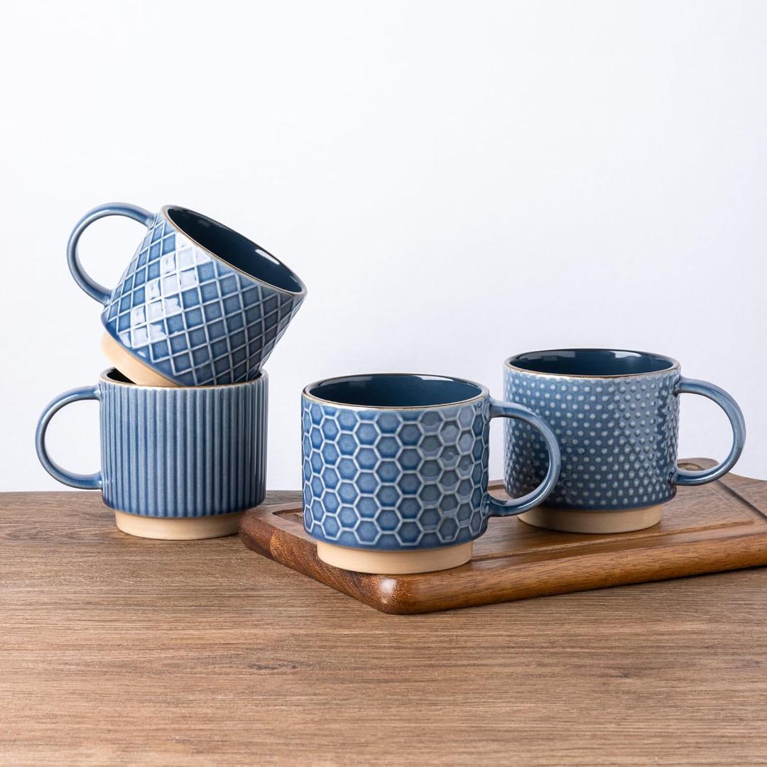 GBHOME 12 OZ Stackable Coffee Mugs, Ceramic Coffee Mugs with Texture Patterns for Man,Woman,Dad,Mom, Modern Coffee Cups Set of 4 for Latte/Cappuccino/Cocoa. Dishwasher&Microwave Safe (Moonlight Blue)
