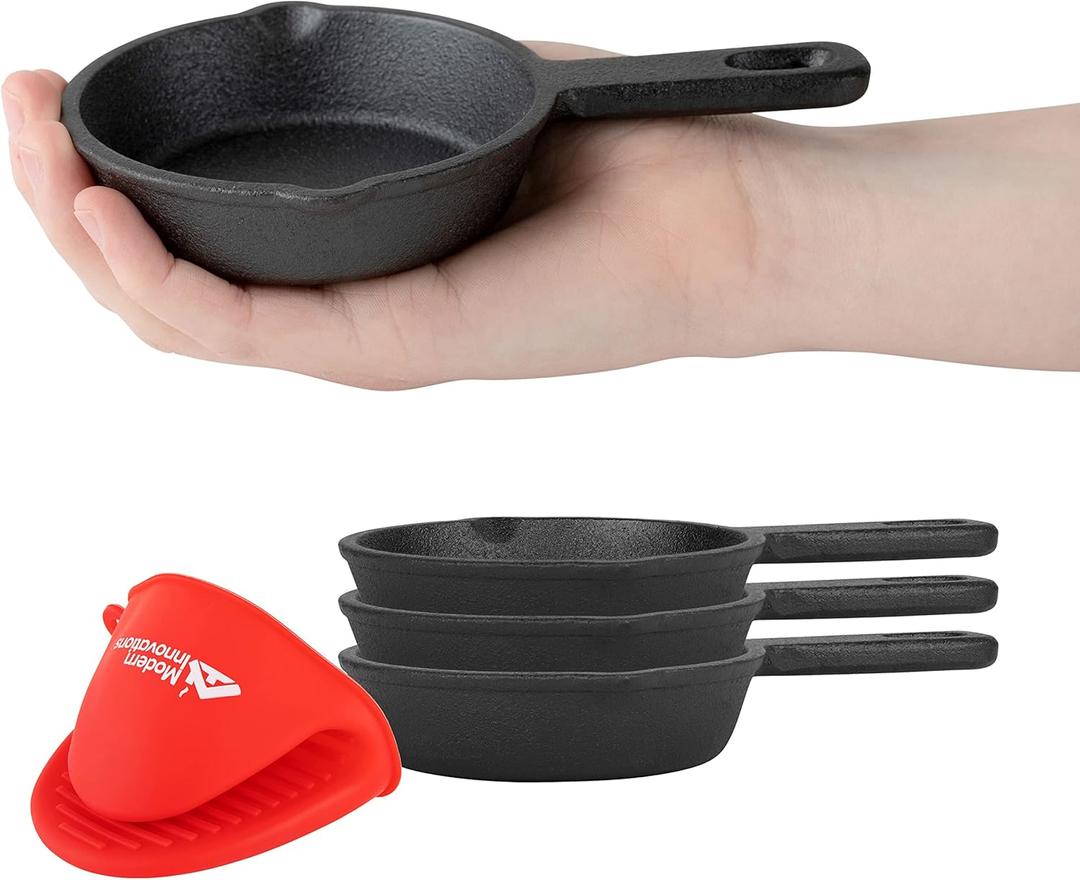 Modern Innovations Mini Black Cast Iron Skillet Set with Silicone Mitt (4 Count) - 3.5 Inch Pans, Pre Seasoned Small Skillets for Baked Cookie/Brownie or Cooked Eggs