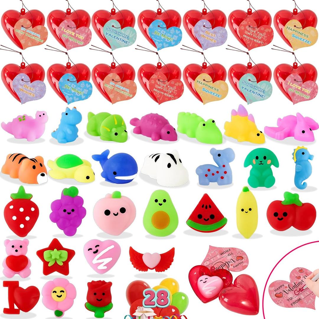 28 Pack Kids Valentines Day Cards with Cute Mochi Squishies Valentines Day Gifts for Kids Classroom, Valentines for Kids School Valentines for Class Exchange Cards Prizes Party Favors for Boys Girls, Pack Of 3