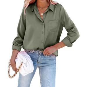 Pausus Satin Button Down Shirts for Women Long Sleeve Slim Fit Office Blouses Casual Business Silk Tops with Pocket (Medium, Army Green)