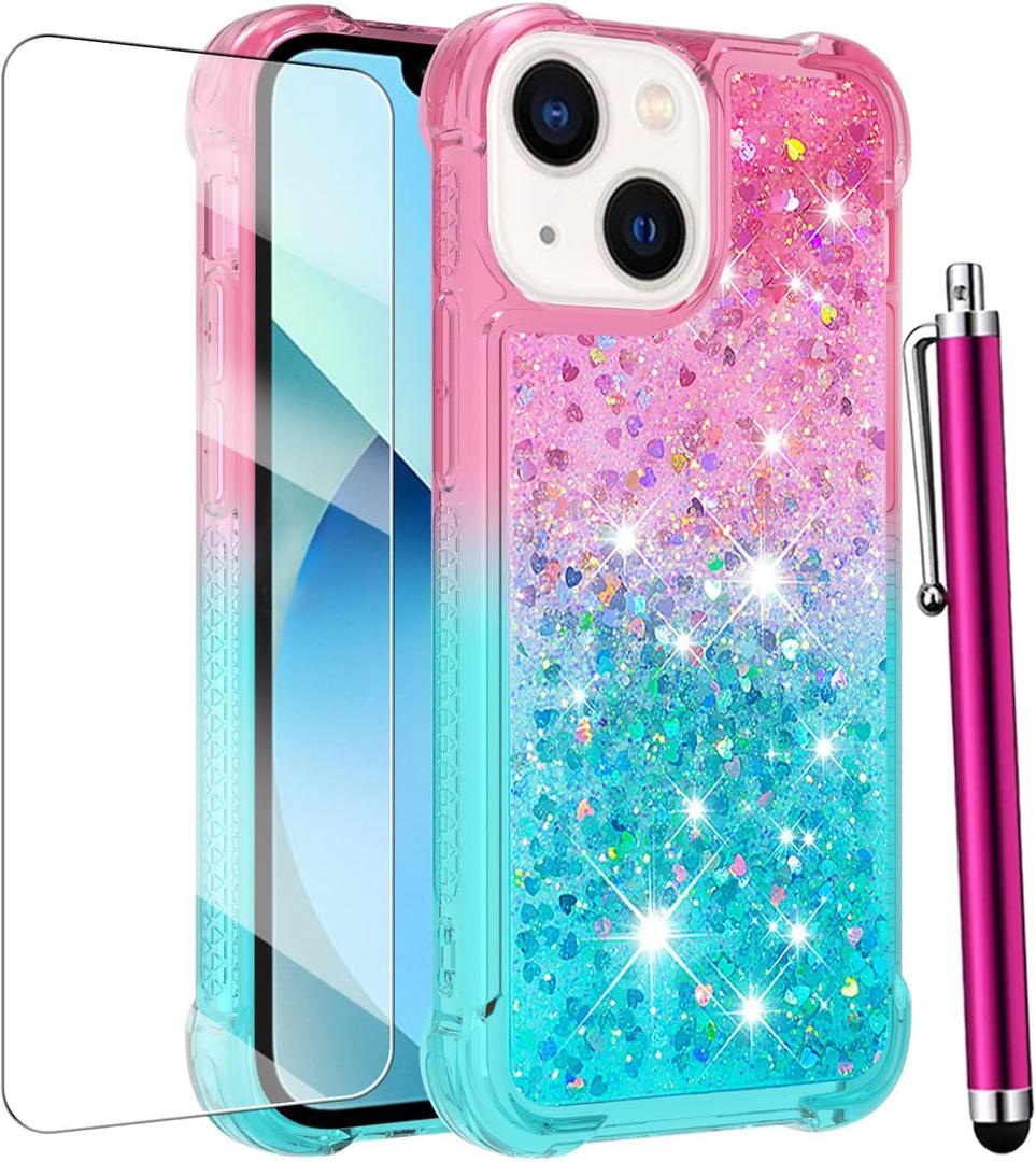 for iPhone 14 Case Glitter, iPhone 13 Case with Screen Protector, Women Girls Kids Girly Cute Bling Liquid Sparkle Soft TPU Slim Silicone Shockproof Phone Cover for iPhone 13/14 -Pink Blue