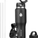 SENDESTAR 40oz Stainless Steel Water Bottle(Cold for 48 Hrs, Hot for 24 Hrs),Double Wall Vacuum Insulated Bottle with Straw Lid, Spout Lid and Flex Cap, Fit in Any Car Cup Holder,Black