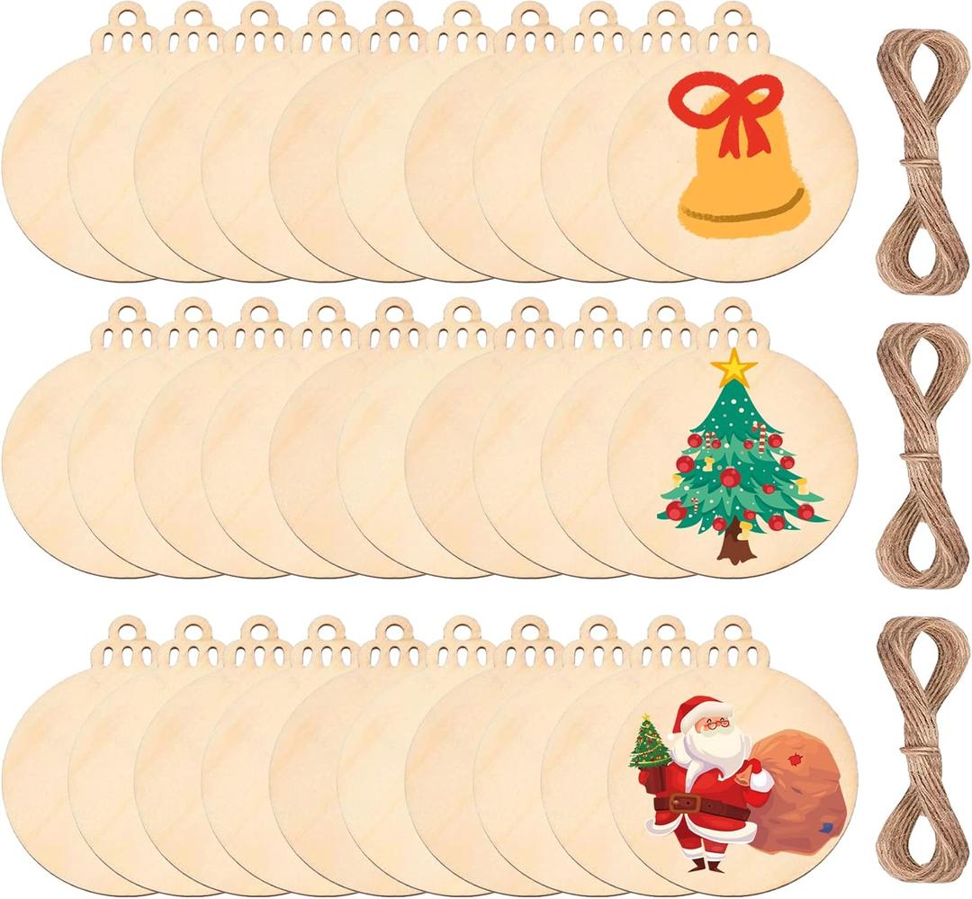 60Pcs Wood Slices,3.5" Wooden Christmas Ornaments,Unfinished Predrilled Wood Circles for Crafts Centerpieces,DIY Round Wooden Discs Hanging Decorations (3.5 Inches-60)