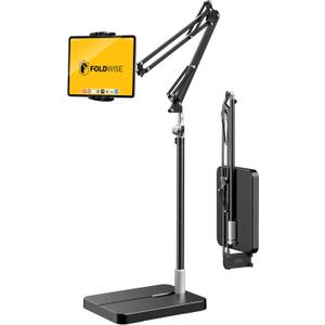 FoldWise Foldable iPad & Tablet Floor Stand - Sturdy 11lb Metal Weighted Base, 360 Rotation, Height & Angle Adjustable Kindle Holder for Bed & Couch - Fits iPad Pro/Air/Mini, Kindle, Switch, Phone