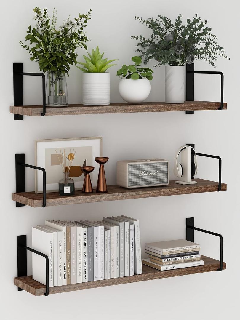 Floating Shelves - 24 Inch Wall Mounted Set of 3 Rustic Wood Shelves for Wall Decor and Living Room Storage (Brown)