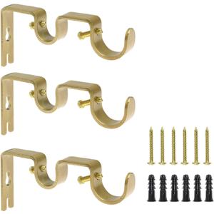 Pack of 3 Gold Curtain Rod Bracket, Heavy Duty Double Curtain Rod Hanging Brackets Wall Mount, Drapery Rod Bracket, Adjustable Curtain Rod Holders for Window, Home Curtain Rods (Gold)