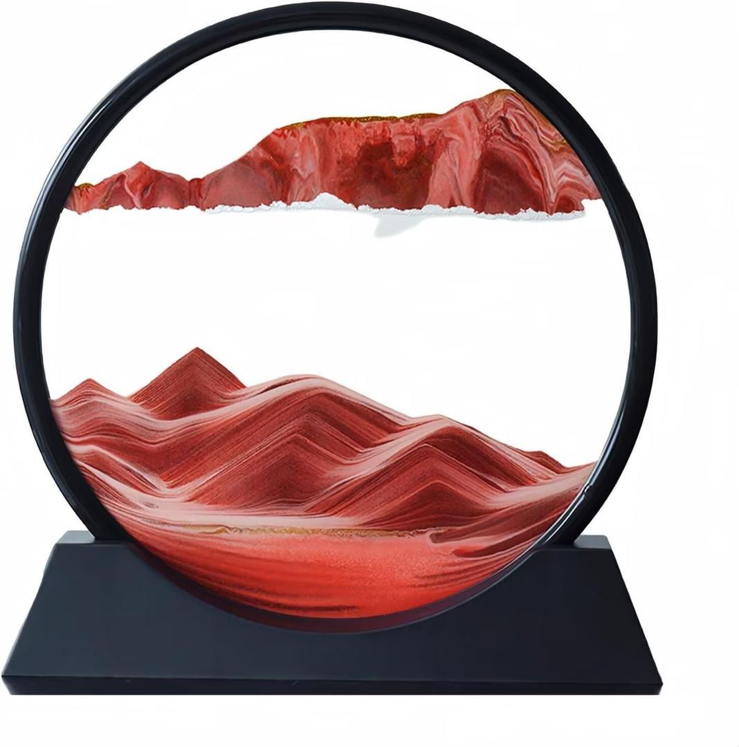 BGFJYUK Moving Sand Art Picture in Motion, Round Glass 3D Deep Sea Sandscapes with Display Flowing Sand Frame for Relaxing Desktop Home Office Work Dcor for Kids Adults (Red, 7inch)