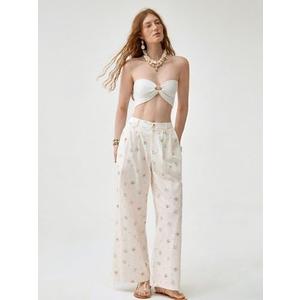 Women's Beige Floral Wide-Leg Pants - High-Waisted Pleated Summer Trousers, M