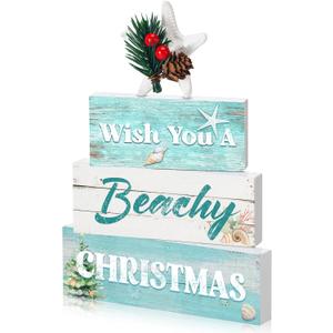 4 Pcs Beachy Christmas Table Decorations Starfish Shell Beach Tiered Tray Decor Wooden Beach Christmas Table Signs Xmas Tabletop Centerpiece for Party Home Kitchen Dining