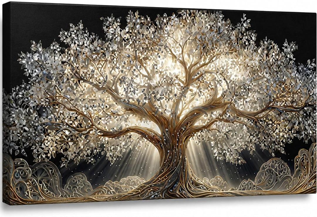 YBARTZQ Black Gold Tree Canvas Wall Art 24x48 Framed Tree of Life Picture