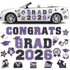 Landhoow 30 Pcs Graduation Car Magnets 2026 Senior Graduation Car Decoration Bumper Sticker Congrats Grad Magnet Magnetic Refrigerator Decal for Grad Parade Party Supplies (Purple, Black)
