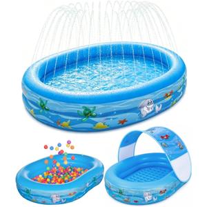 Inflatable Kids Pool with Canopy and Sprinkler 65" x 46", Kiddie Blow Up Pool with Shade Cover for Baby Swimming, Toddler Ball Pit for Backyard Water Fun Indoor Outdoor Summer Toys