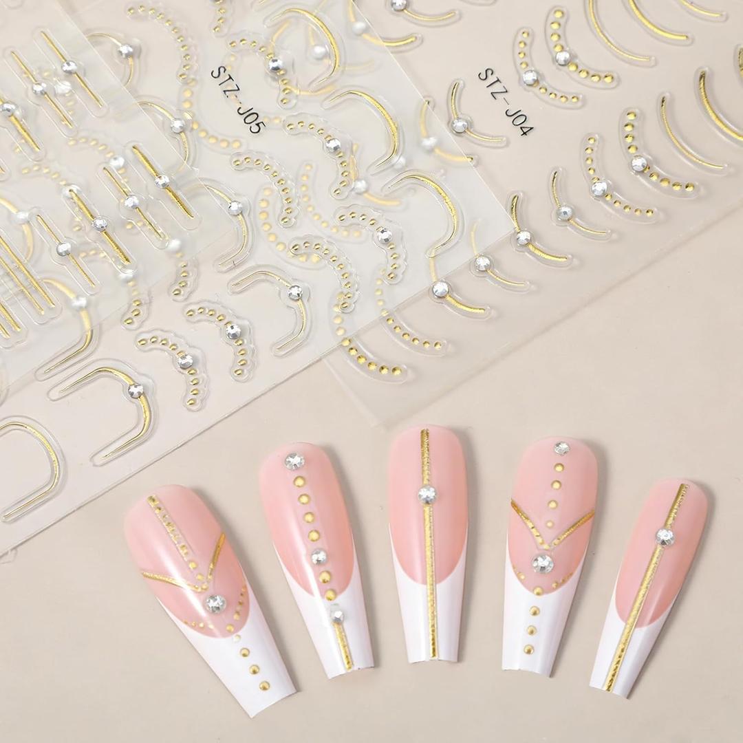 3 Sheets French Line Nail Art Stickers, 3D Rhinestone Nail Stickers Self-Adhesive Curved Stripe Designs Waved Nails Design Sticker French Nails Decals for Women Girls Nail-Art Decorations (Gold)