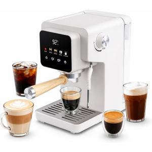Home Espresso Machine with Milk Frother, 1350W Compact Touchscreen Espresso Coffee Maker for Cappuccino & Latte, Adjustable Temperature & Custom Shot Volume, 40oz Removable Water Tank, White