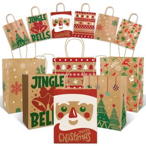 Sipthene 24 Pack Christmas Gift Bags with Handles, Kraft Paper Goody Treat Bags for Holiday Present Wrapping (6 Designs, 9" x 7" x 3.3") - for Xmas Party Favors, Classroom, Wedding Decor Supplies Bulk