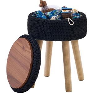 Wimarsbon Pouf Ottoman, 100% Cotton Knitted Boho Footstool, Round Footrest with Non-Skid Wood Legs, Home Dcor Handmade Pouffe, Leisure Floor Step Stool for Living Room (High Storage Black)