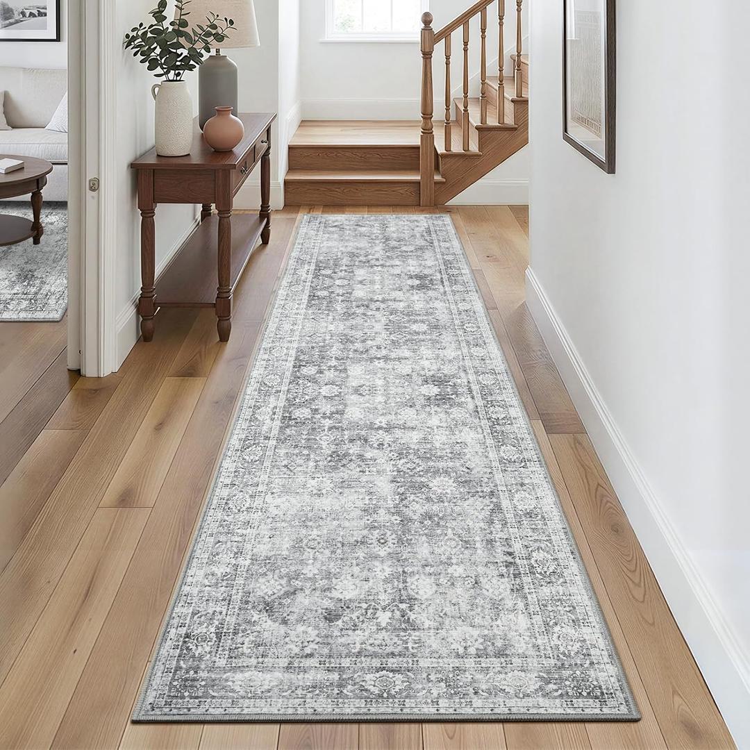 2x8 Washable Hallway Runner Rugs, Non-Slip Area Rug for Kitchen Entryway Indoor Laundry Room Decor, Bathroom Runner Rug Low Pile Vintage Carpet, Grey