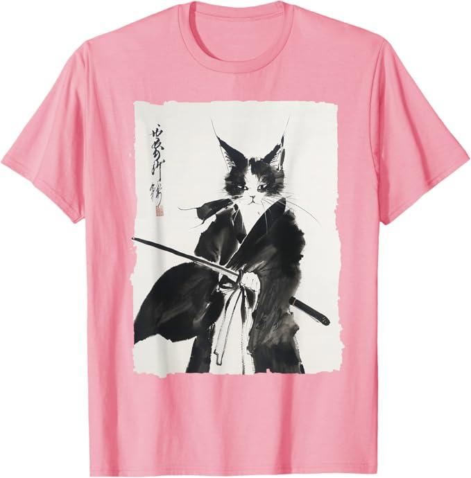 Samurai Cat Warrior Ink - Japanese Art Feline Katana T-Shirt, XL
