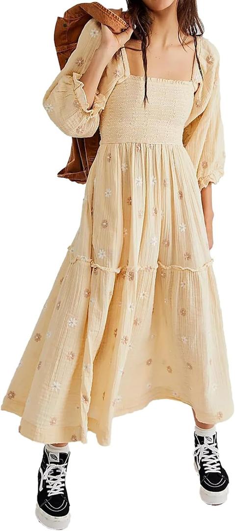 Women Floral Embroidered Maxi Dress Long Puff Sleeve Square Neck Bohemian Flowy Dress with Pockets Summer Fall (Small, Beige)