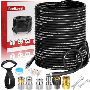 150 FT Sewer Jetter Kit for Pressure Washer, 5800 PSI High-Pressure Drain Cleaning Hose, 1/4 Inch NPT with 3 Nozzles, Watertight Tape, Handle Strap & 2 Spanners, Drain Cleaning Solution