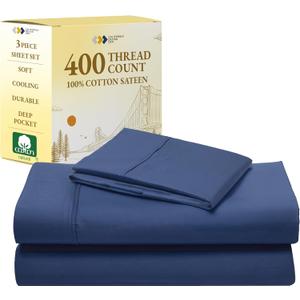 California Design Den Twin Size Sheets Set - 400 Thread Count Sateen, Natural 100% Cotton Sheets, Deep Pockets with All Around Elastic, Soft, Cool and Durable Bedding - Navy Blue