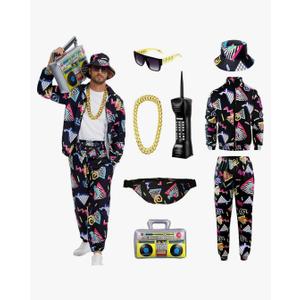 Retro 80s 90s Outfit for Men - 8-Piece Vintage 80s Halloween Costumes for Men-Tracksuit Set with Hip-Hop Accessories, M, Black