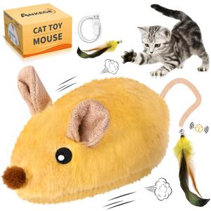 Interactive Cat Toys Mouse for Indoor Cats Rechargeable Cat Toy Mouse Toy Feather Bell Tail Lifelike Electric Automatic for All Breeds Boredom Exercise-Yellow