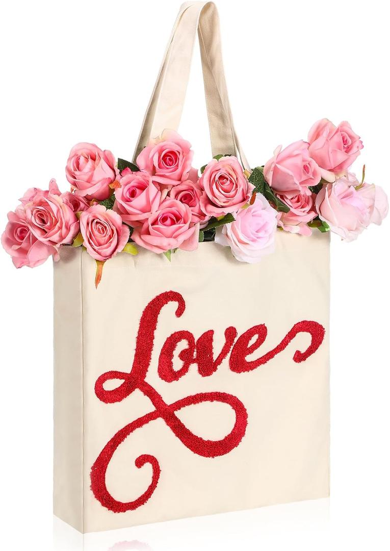 Sadnyy Valentines Day Canvas Tote Bag Embroidery Reusable Valentines Bag Basket Love Heart Gift Bags Cotton Tote with Handles for Wedding Grocery Shopping DIY Craft Valentine's Day Favor