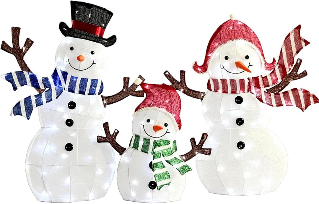 LED Snowman Family Christmas Outdoor Decoration, White Lighted Holiday Yard Display, Weather Resistant, 3-Piece Set with Scarves