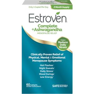 Estroven Complete + Ashwagandha Multi-Symptom Menopause Supplement for Women - 60 Ct. - Clinically Proven Ingredients Provide Menopause Relief & Night Sweats + Hot Flash Relief* - Drug-Free & Non-GMO, Expiration: 7/2026