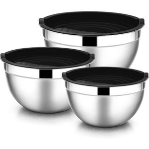 E-far Mixing Bowls with Lids, 6-Piece Stainless Steel Salad Bowls Metal Nesting Bowls for Baking Cooking and Prepping, Airtight Lids & Stackable Design, Size 4.5, 3, 1.5 QT (Black)